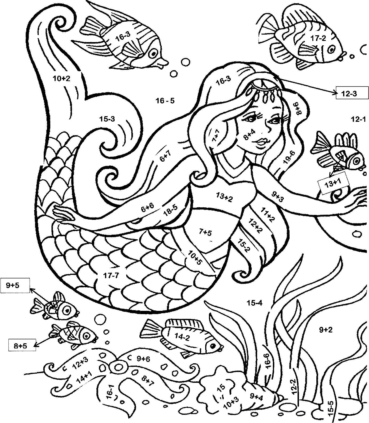 Русалка и рыбы раскраска с примерами