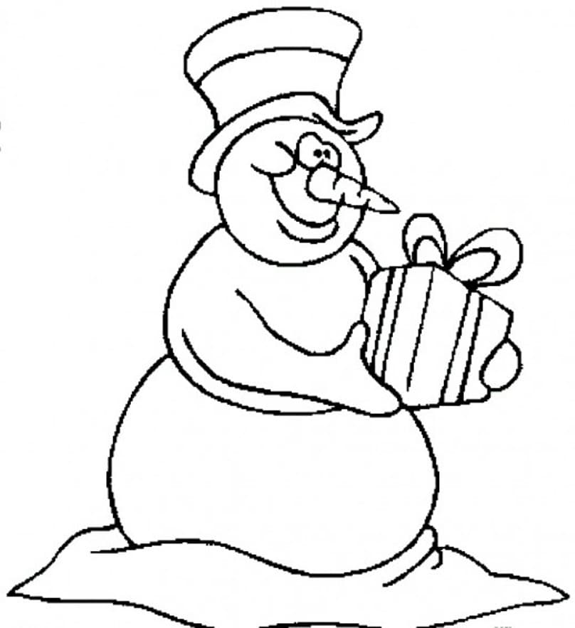 Снеговик держит подарок раскраска