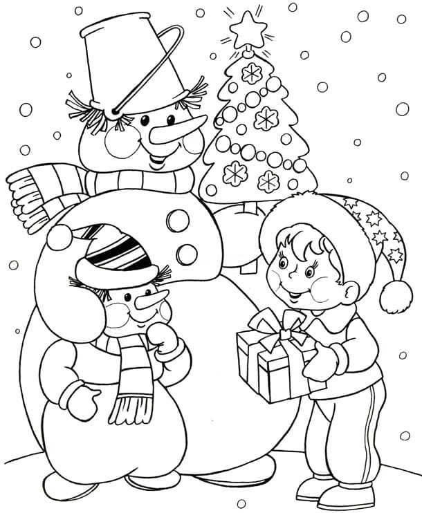 Снеговики и мальчик с подарком
